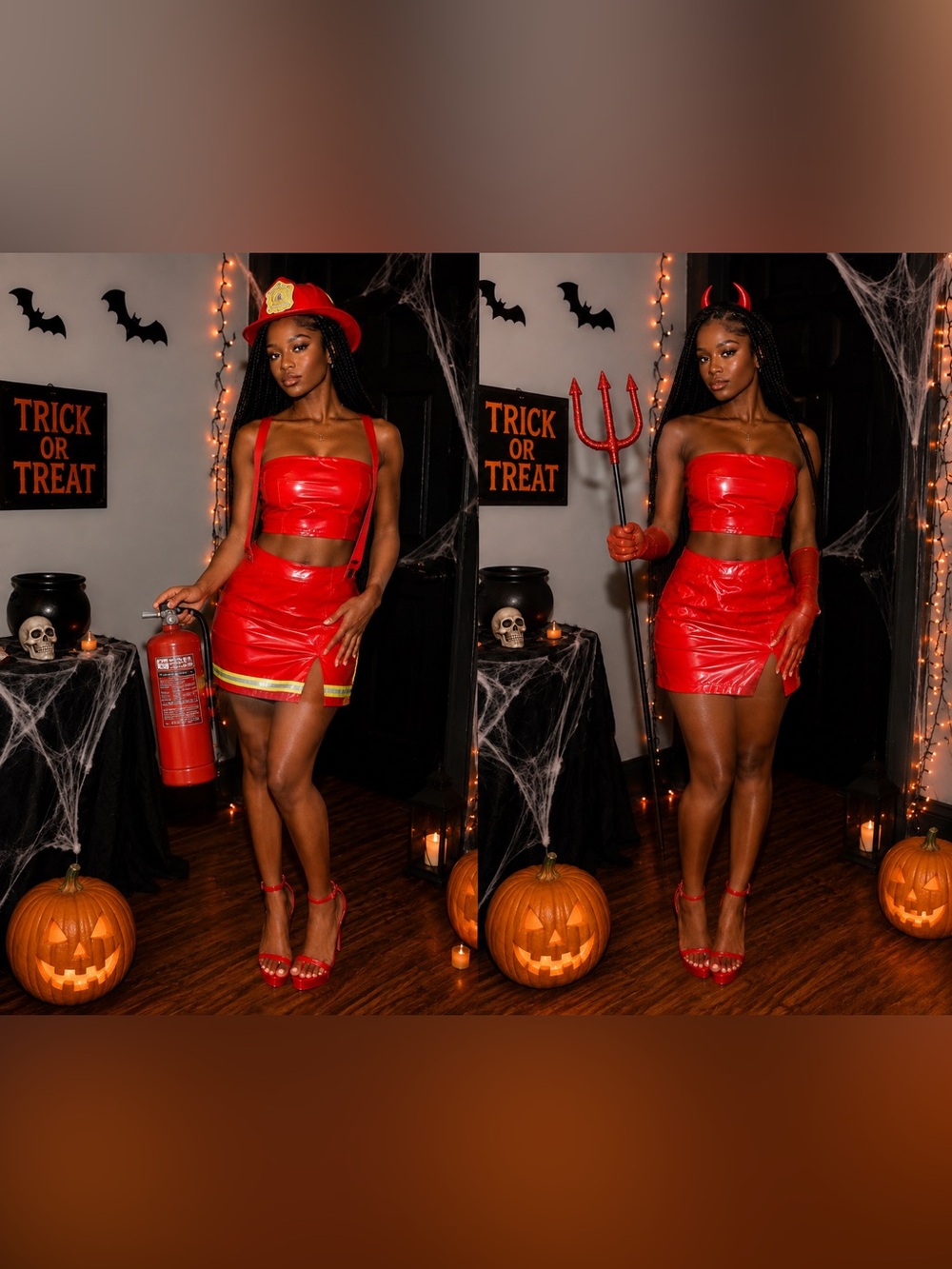Red Vegan Leather Mini Sleek High-Shine Skirt & Crop Top 2 Piece Set Halloween
